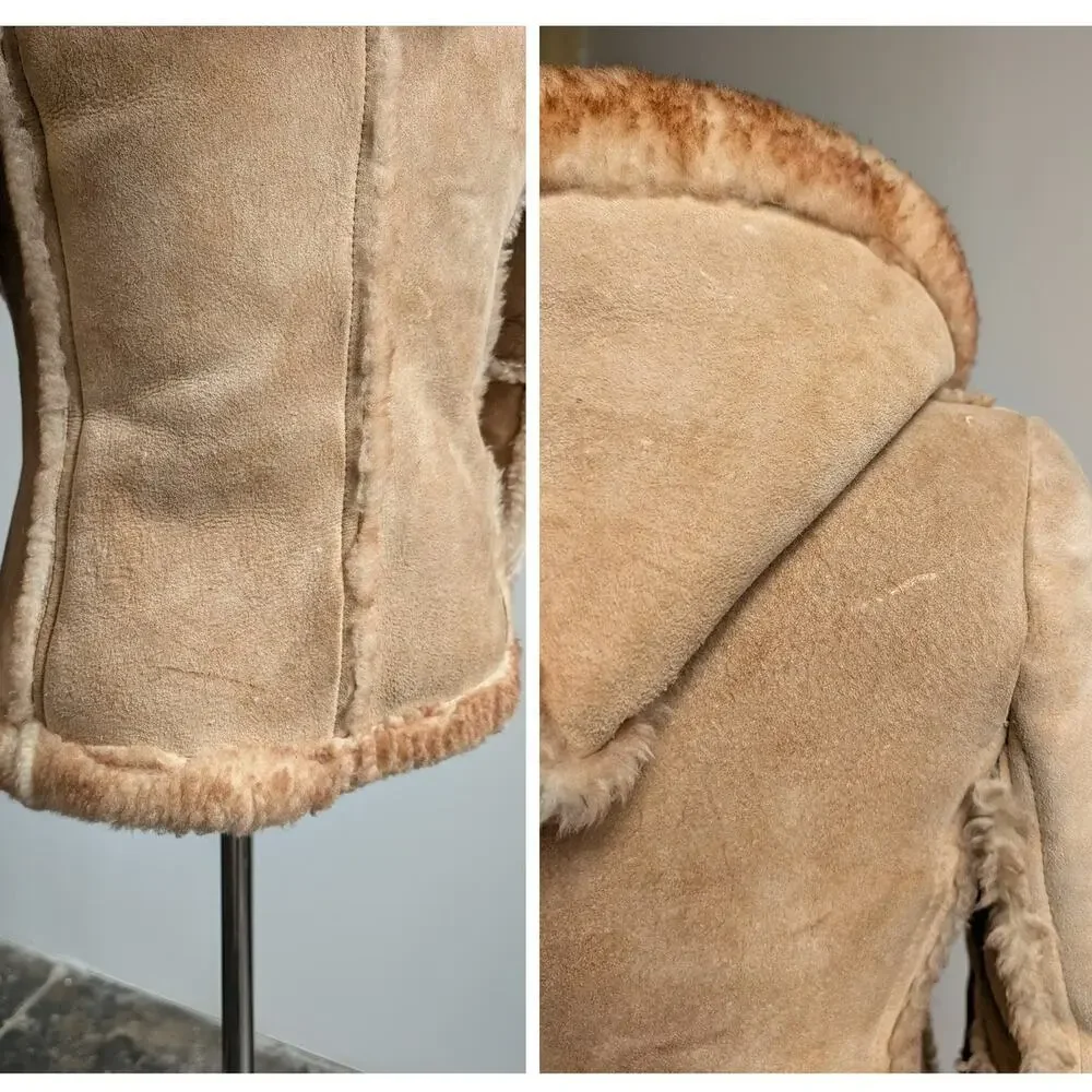 Vintage Tan Suede Shearling Coat Brown Wool Jacket Boho Chic Fur Coat Hood XS - Picture 11 of 12